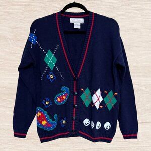 Vintage 90s Navy Blue Golf Club Ball Argyle Paisley Cardigan Sweater Size S